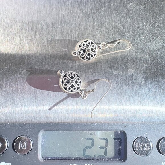 Sterling Silver 925 Marcasite Scroll Design Dangle Earrings Size 1.25" Length - Picture 8 of 10